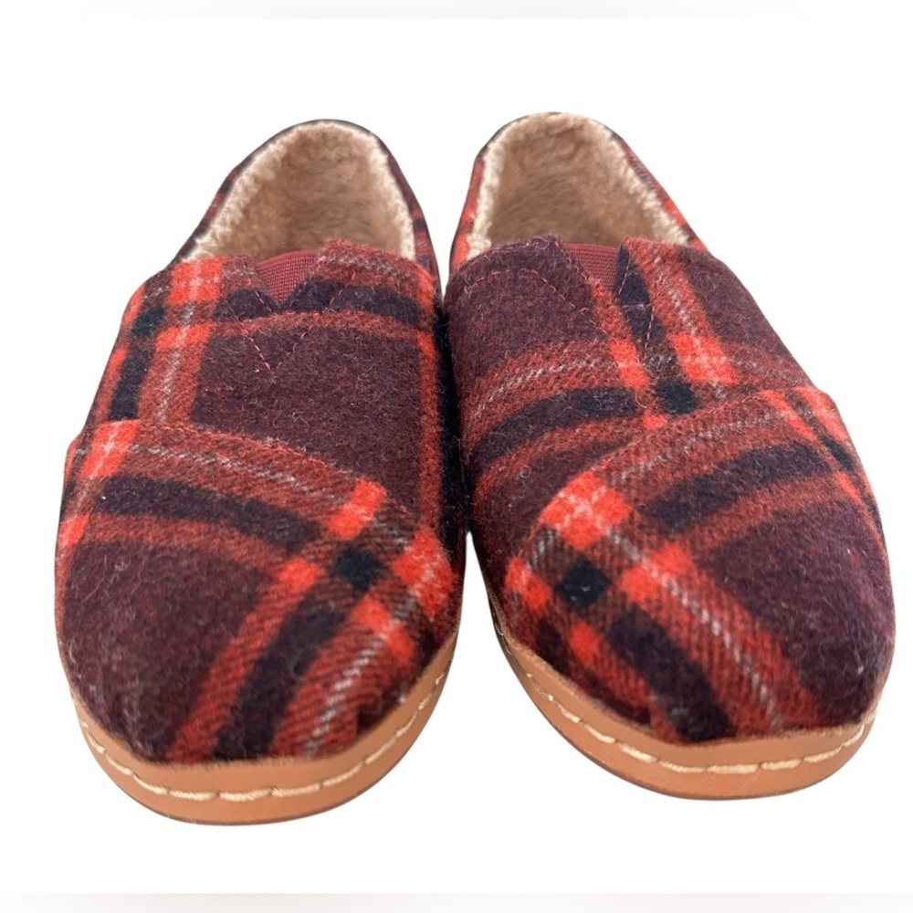 Toms cozy Alpargata Red Black Plaid Flannel Faux Shearling Slip Ons Flats Sz 8 - Picture 8 of 9